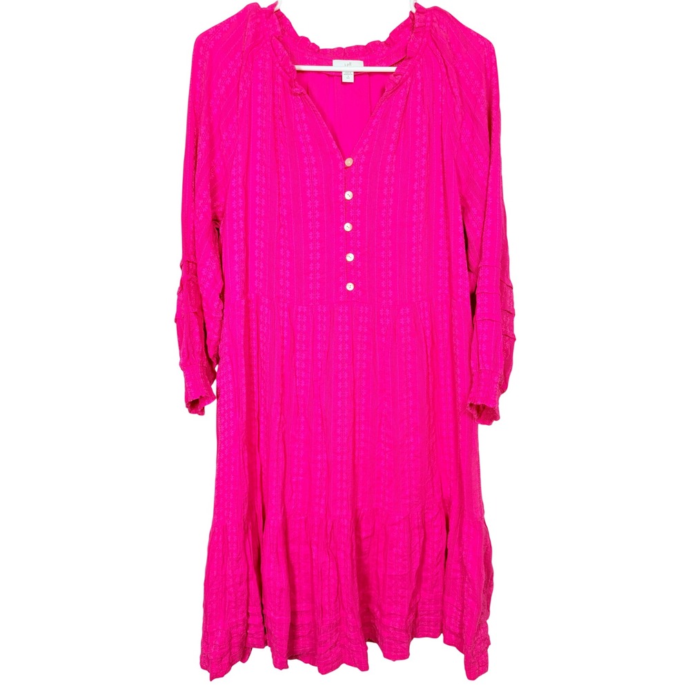 J. Jill Dress S Tall Pink Floral Stripe Cotton Tiered Gauze Boho V-Neck Prairie